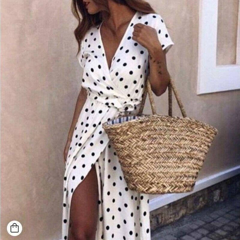 Stylish Womens Holiday Polka Dots Slit Maxi Dress Perfect For Summer Beach Outings