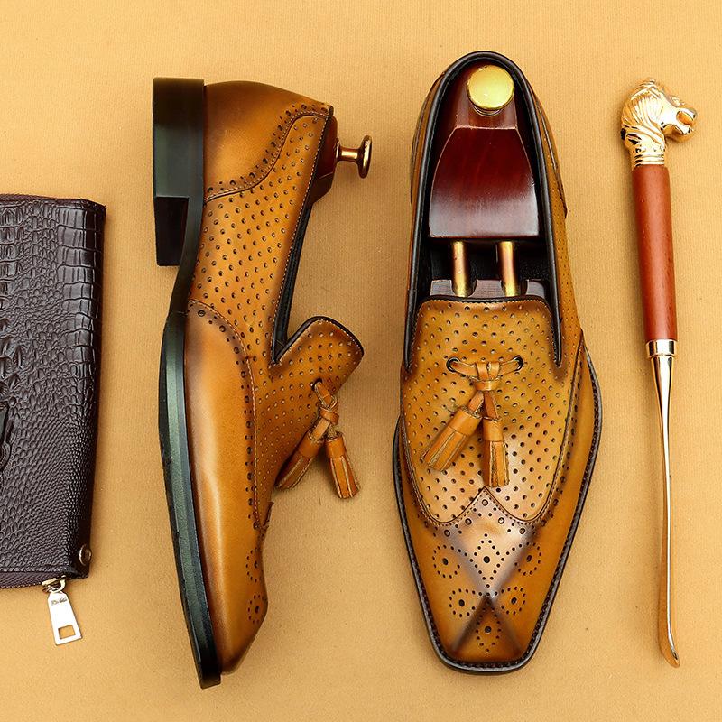 Tassel Loafers Casual Summer Leather Shoes Men'S Hollow Breathable Leather Business Dress Shoes