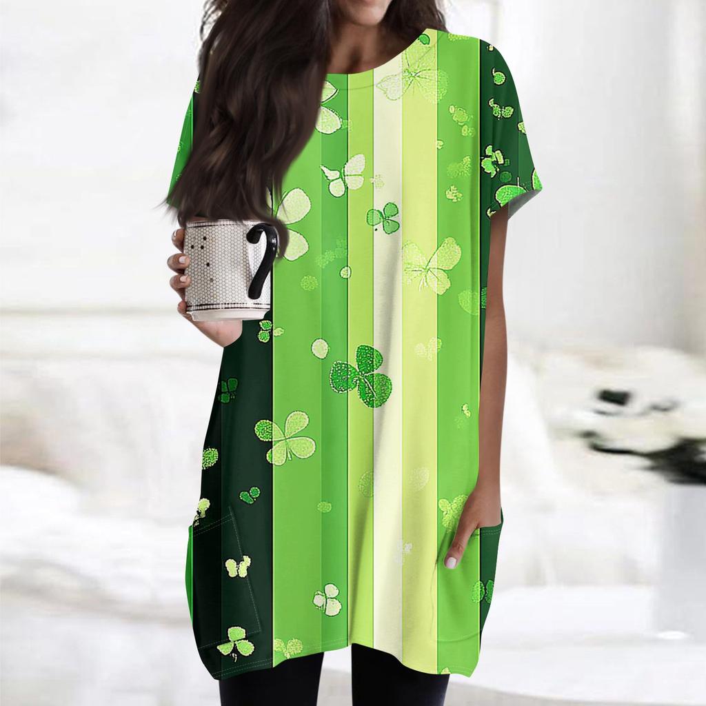 Women's Fashion Casual Short Sleeve Print Round Neck Double Pocket T-Shirt Top