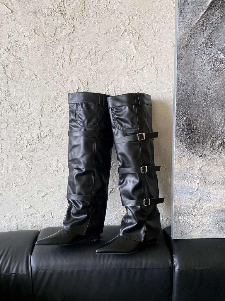 2025 new European and American style belt buckle wide tube thin slope heel pointed boots