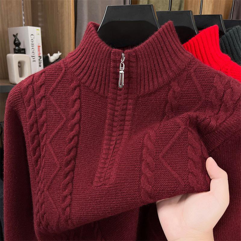 Herren Winter dicker Strick Pullover mit halbem Reißverschluss und Stehkragen