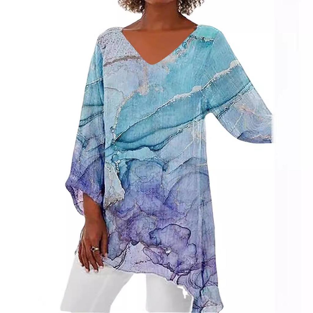 2024 Women's Plus Size Casual V-Neck Long Sleeve Printed Top