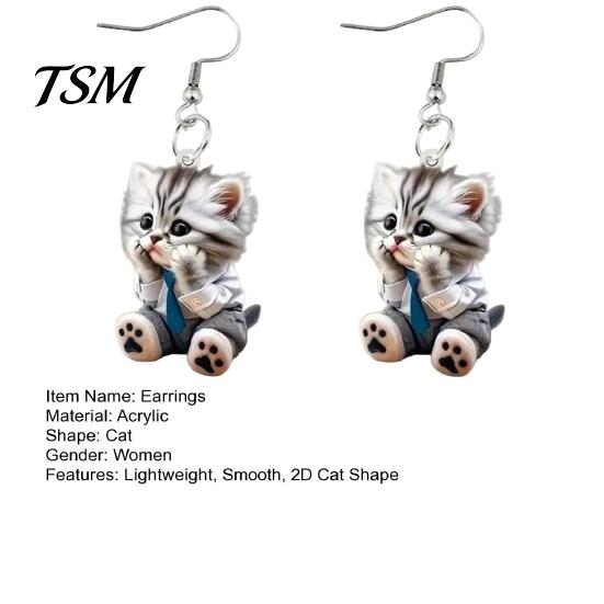 Women Evening Earrings 1 Pair Hook 2D Realistic Cat Shape Animal Theme Individual Ear Jewelry Dangle Anniversary Christmas Gift Hanging Lady