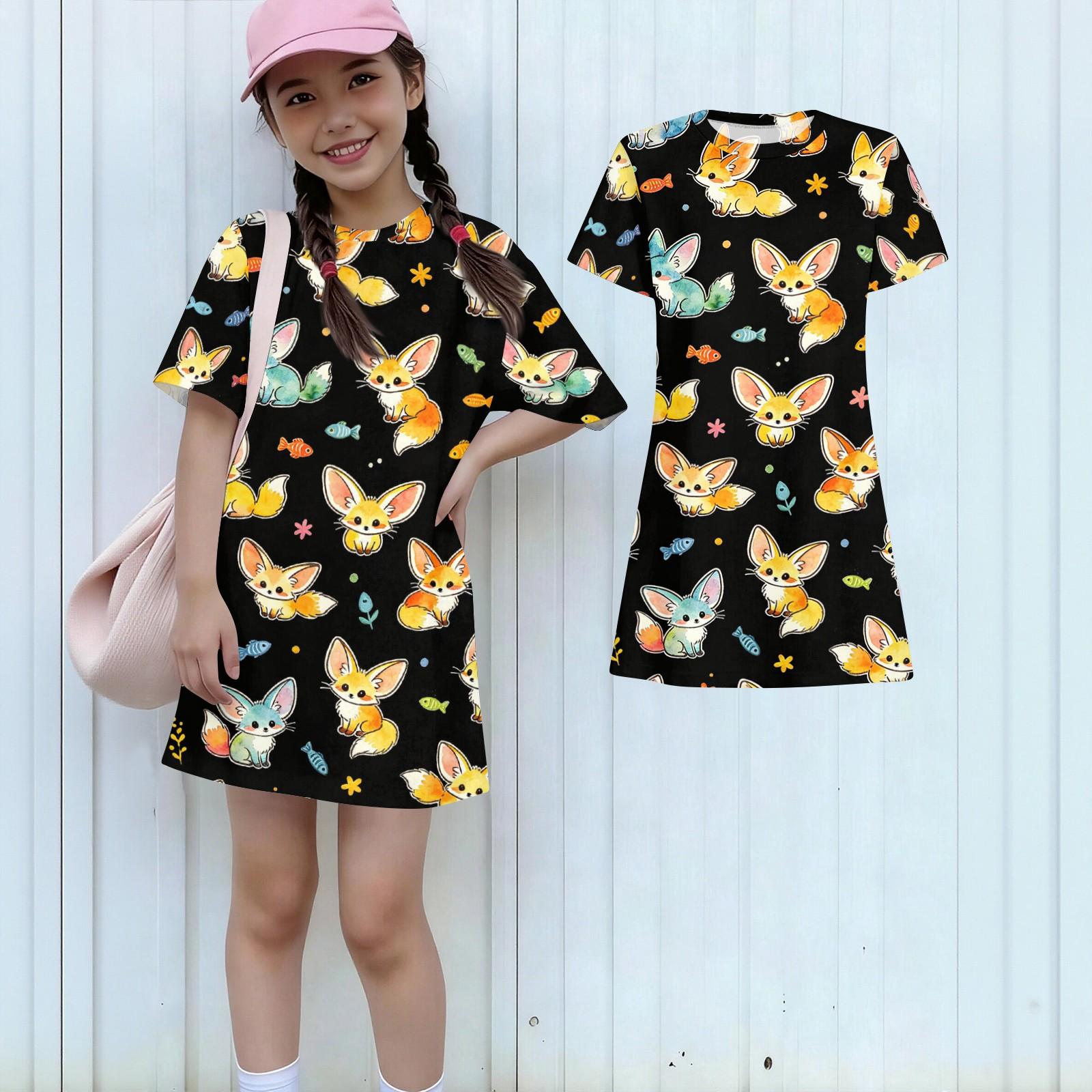 

Girls Loose Fit Short Sleeve Dress Animal Print Round Neck Lightweight Summer Dress for Kids Casual Wear 130