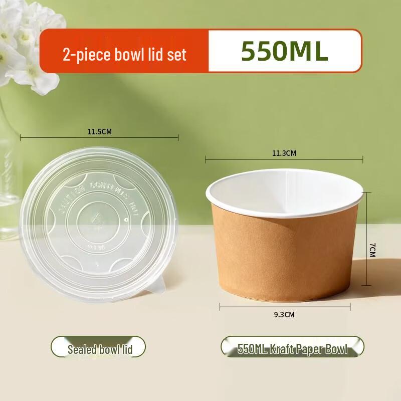 Disposable Food-Grade Paper Bowls with Lids, 550ml, 100 Sets