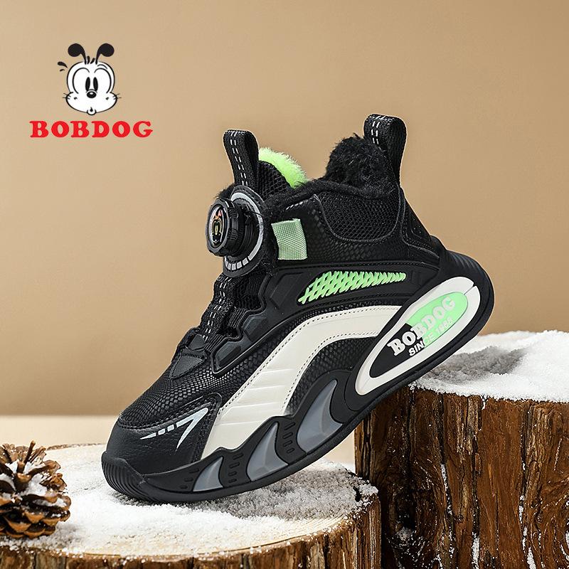 Babu Bean Classmate Boys Fleece Leather Surface Waterproof Sneakers Girls Running Shoes Middle Older Children Rotary Buckle Mesh Shoes