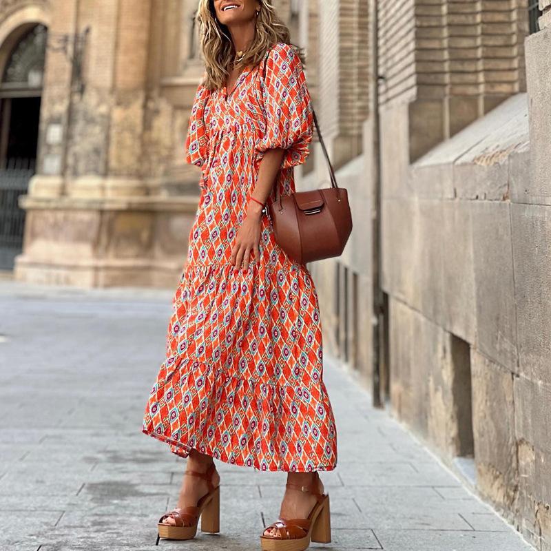 Women Bohemian Geometric Print Long Maxi Dress Lantern Sleeve V Neck Loose Casual Spring 2026 Travel Party Outfit