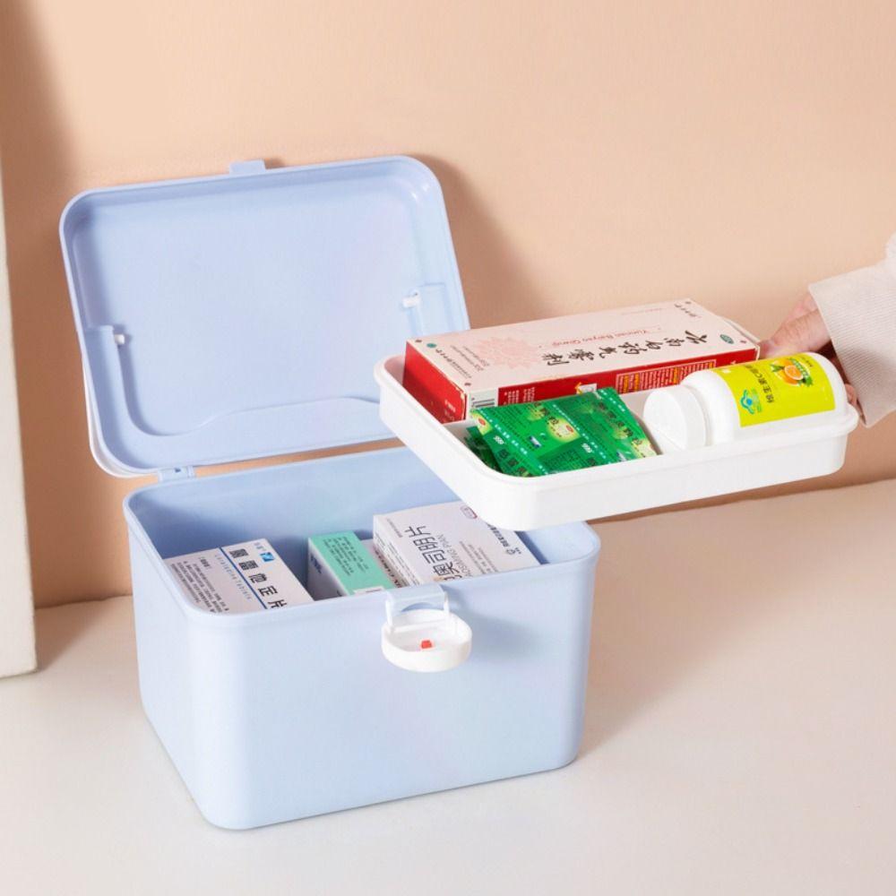 Dvouvrstý úložný box na léky s rukojetí Velkokapacitní nouzový box Přenosný design se sponou Pouzdro na léky