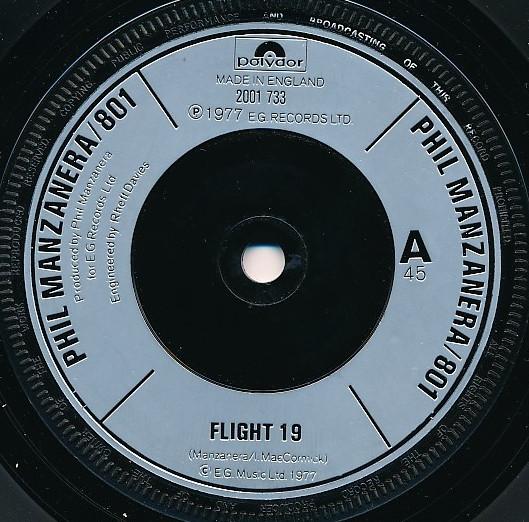 

7inch Record PHIL MANZANERA 801 Flight 19 Car Rhumba 2001733 Polydor 1977 UK Rock Used