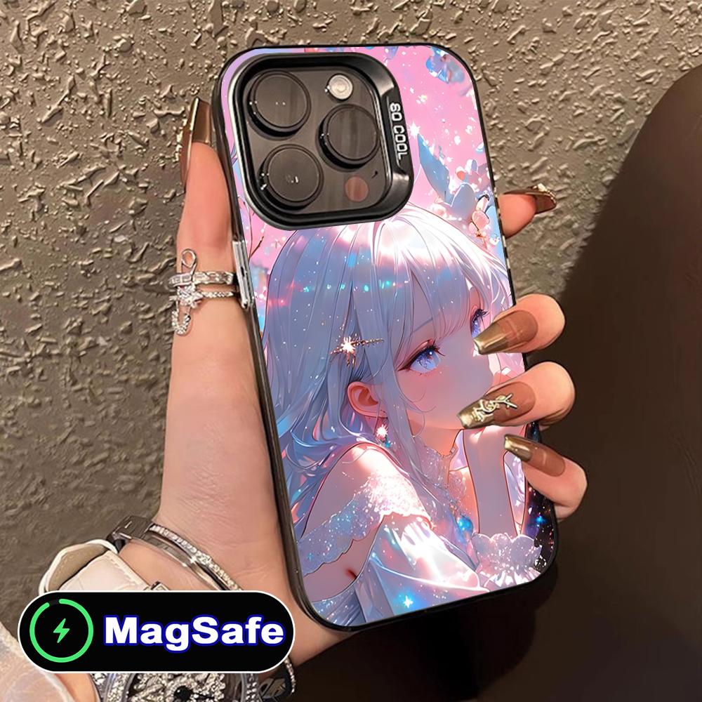 Kawaii Pink Anime Girl Phone Case for iPhone 16 15 14 13 12 11 Pro Max Plus MagSafe Translucent Colour Protective Cover Luxury