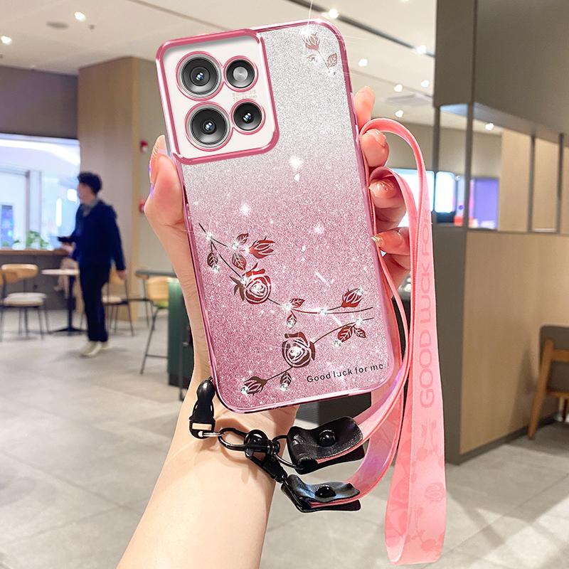 KADEM For Motorola Edge 50 5G Case Flower Pattern TPU Gradient Phone Cover with Lanyards