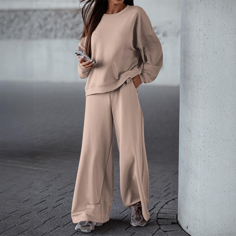 Women Solid Crew Neck Sweatshirt And Split Wide Leg Pants Tracksuit Two Piece Set