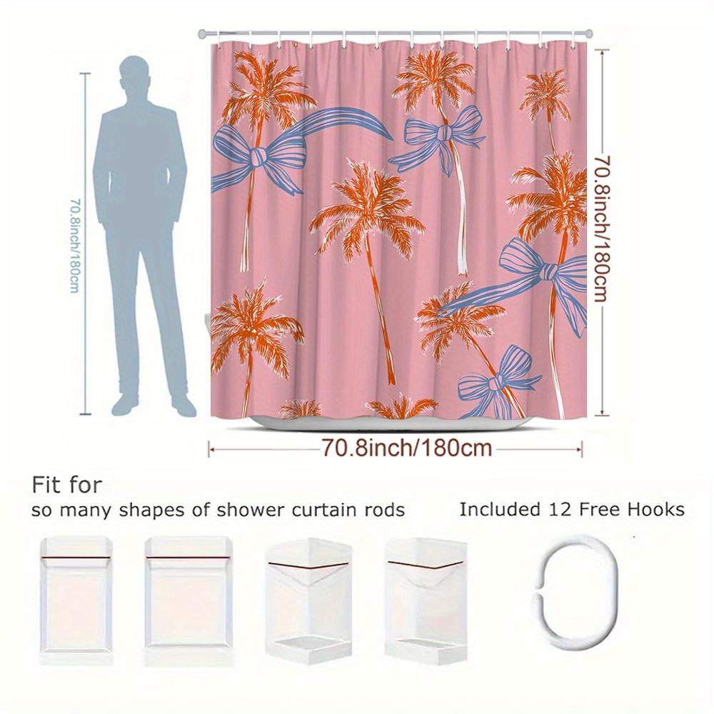 1Pc Tropical Palm Tree Bow Pattern Shower Curtain, Pink Background Floral Plant Print Design, Bathroom Decor, Polyester Fabric