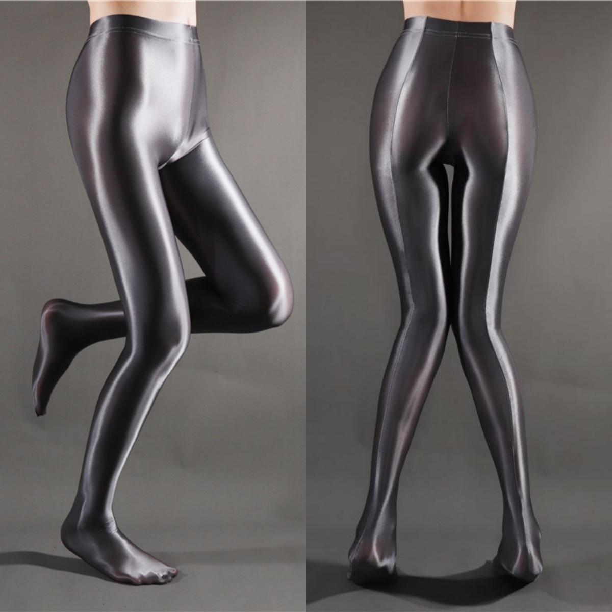 Ölige Glänzende High Waist Strumpfhose Mit Rückennaht Po-Hebende Leggings T-Schritt/Offener Schritt Nachtclub Schlanke Unterwäsche Damen Bodyformer M gray