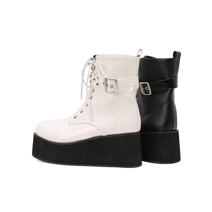 Women Ankle Boots Round Toe Wedges High Heels Buckle Rivets Zipper Lace-up Platform Short Boots Ladies Fashion Shoes Autumn Winter 46