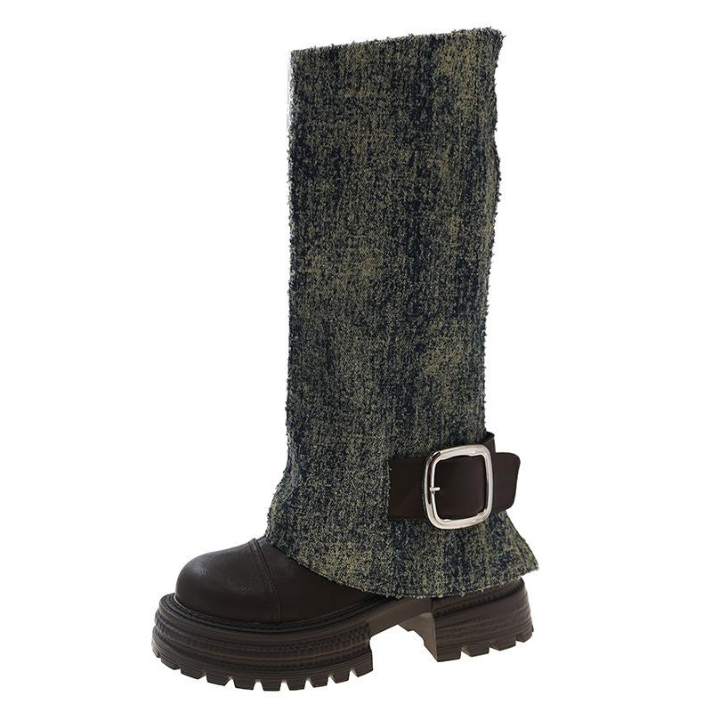 

Thick-soled heightening medium tube pants tube boots women s 2024 autumn new British style knight boots are thin but knee-long boots 40