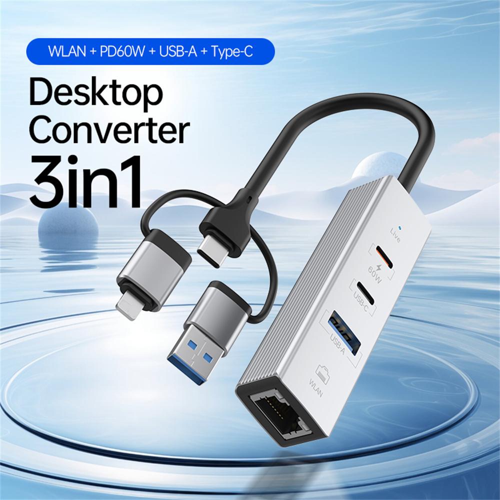 PD 60W 4 In 1 Hub Adapter iP/USB/Type-C Converter with Gigabit Ethernet/Digital Audio/Data Transfer for Laptops/PCs/Tablets/Phones