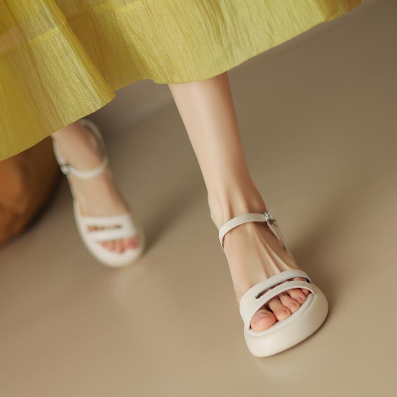 Pantofi cu talpă groasă, cu toc gros, Sandale cu o baretă, de vară pentru femei, cu vârf deschis, din piele moale, pantofi casual confortabili