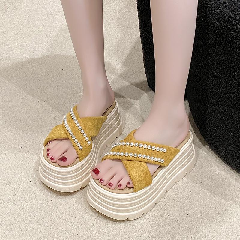 Fashion 8CM Heels Chunky Slippers For Women Open Toe High Platform Leather Sandals Woman New Summer Thick Bottom Beach Bling Flip Flops