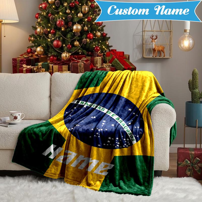 Custom Name Brazilian Flag Blanket Lightweight Ideal Bedding Blanket Perfect for Travel, Camping, Living Rooms, Sofas, Christmas gift