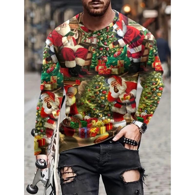 Men's T-Shirt Santa Claus 3D Print Christmas Men's Long Sleeve T-Shirts Casual Pullover Top Holiday Comfortable Men's Clothing