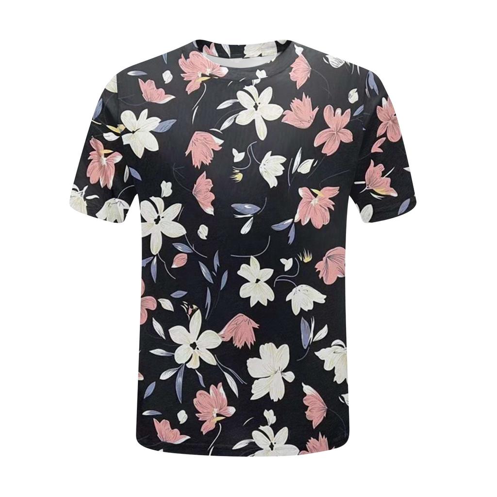 Kurzärmliges T-Shirt mit Rundhalsausschnitt für Damen, modisches T-Shirt mit Blumendruck, lässiges Oberteil, schulterlanges Kurzarmoberteil