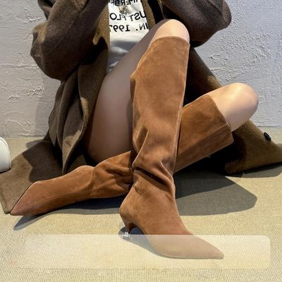 Temperament grau schlanke Stiefel Damen Spitz zulaufend Dünner Absatz Einfach Stapel Gerade Stiefel