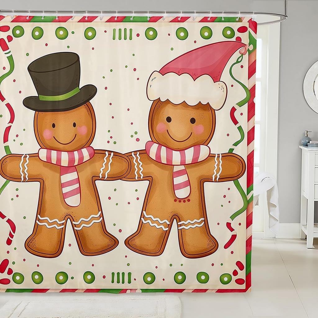 Merry Pink Christmas Shower Curtain,Cartoon Gingerbread Man Bathroom Curtain,Snowflakes Candy Fabric Shower Curtains,Happy New
