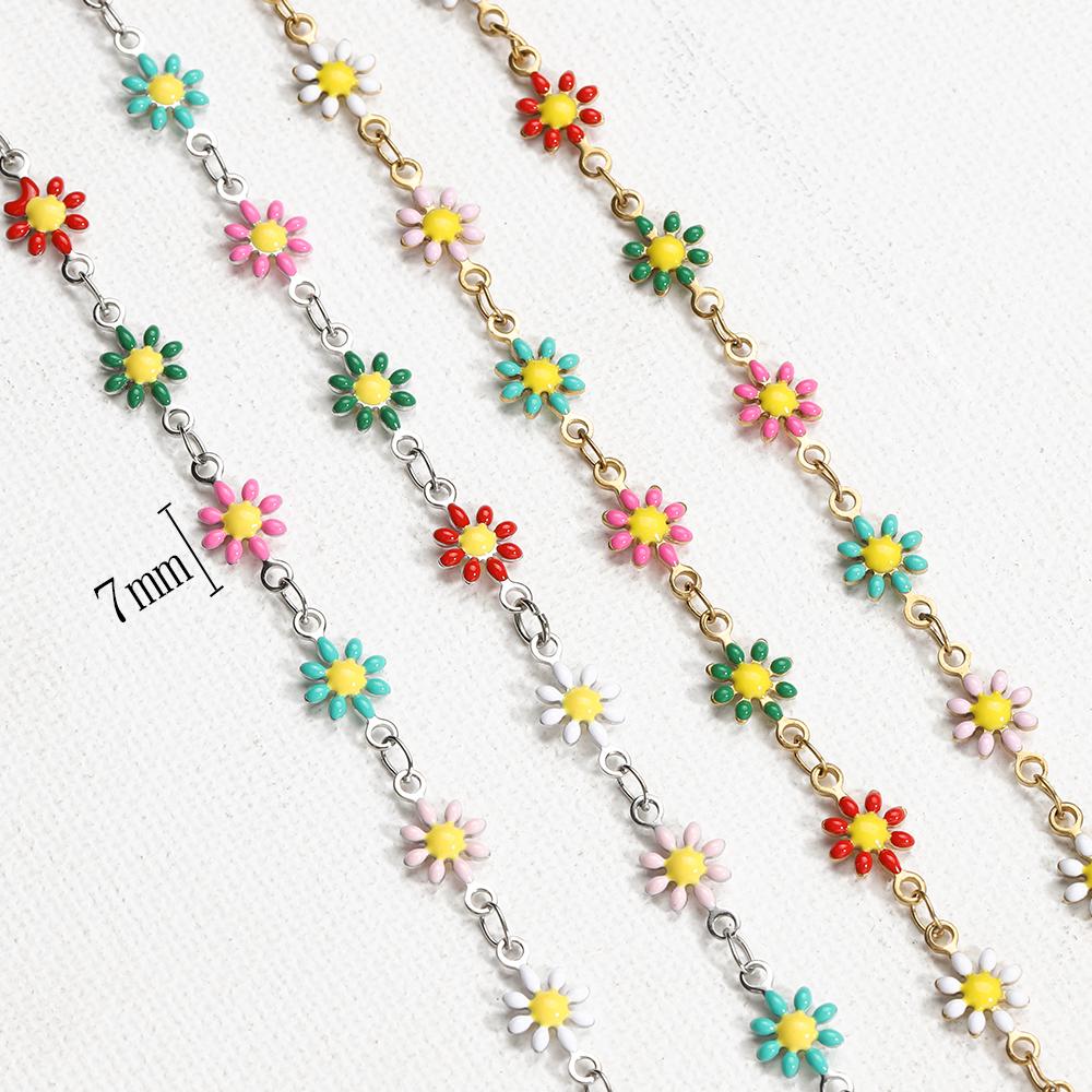 1Meter 7mm Stainless Steel Chain Enamel Daisy Flower KC Gold Color Beaded Chains for DIY Jewelry Making Necklace Bracelet