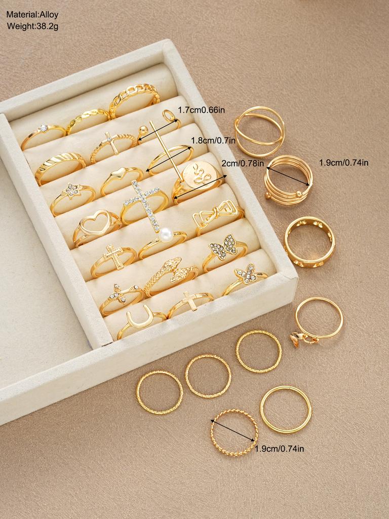 30 Elegant Stacked Zinc Alloy Rings Fashionable Studded Butterfly Cross Alloy Rings Gold Daily Clothing Party Accessories