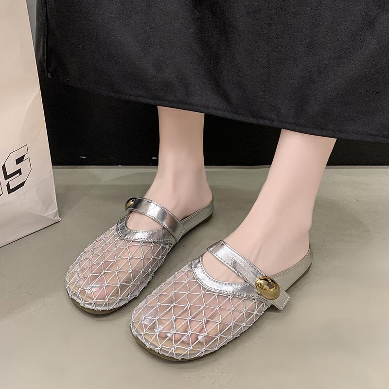 2025 Women's Flat Bottom Slip-On Sandals Summer Outdoor Wear Fisherman's Net Shoes Half Slippers Fashionable Slippers