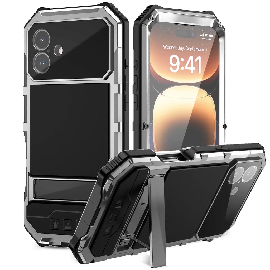 Outdoor Sport Armor Phone Case For iPhone 16 Plus 15 Pro Max 16e Shockproof Aluminum Metal Heavy Duty Screen Protection Cover