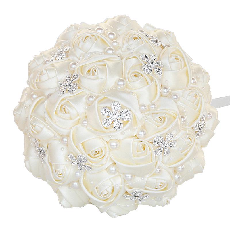 European & American Elegant Ribbon Flower Bridal Bouquet – Beaded Five-Flower Design