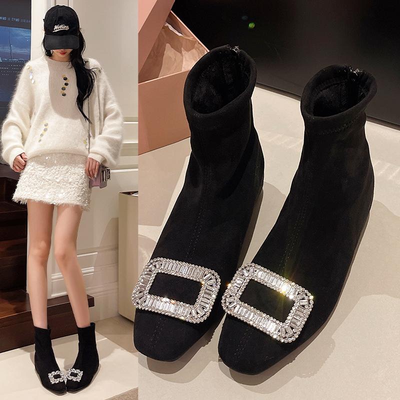 Fashion New Autumn Style Round Toe Suede Rhinestone Square Buckle Soft Sole Non-slip Wear-resistant Cotton Boots