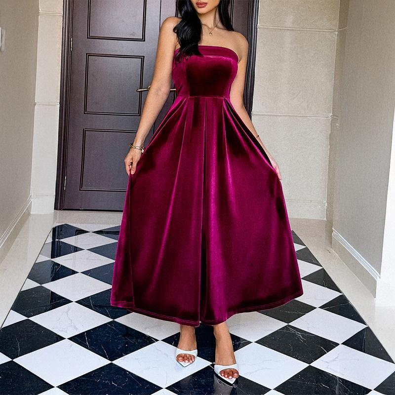 Sexy Strapless Hollow Party Dresses Women Solid Soft Velvet Long Dress Winter Backless Zips A-Line Banquet Dress Vestidos