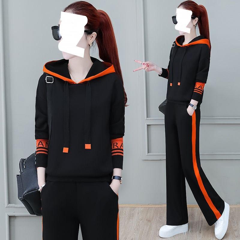 Autumn Korean Style Sports Suit Hooded Sweatshirt for Women, Loose Slimming, Western Style Casual Wear Two-piece Set