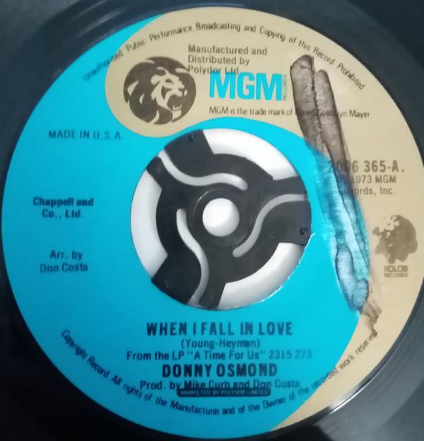 

7-дюймовая пластинка DONNY OSMOND When I Fall In Love 2006365 MGM Records 1973 UK Pop Б/у