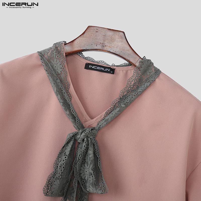 INCERUN Summer Men Lace Tie Up Short Sleeve Casual Oversized Shirts