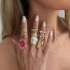 SHIXIN 8 Pcs Trendy Pink Flower Stackable Rings Set Women Exquisite Acrylic Drill Knuckle Joint Ring Y2K Aesthetic Jewelry Gift