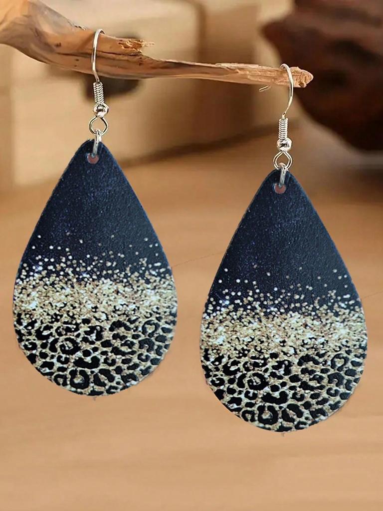 1pair Double-sided Printed Wooden Droplet Shaped Ear Drop Earrings, Suitable For Women's Daily Wear