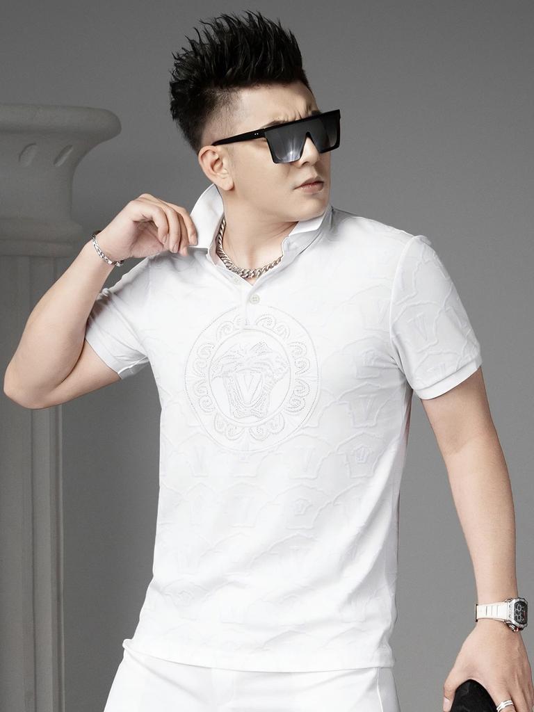 European Style Trendy Velvet Print Polo Shirt Men's Short-Sleeve Top with Turn-Down Collar 2026 Summer New Half-Sleeve T-Shirt