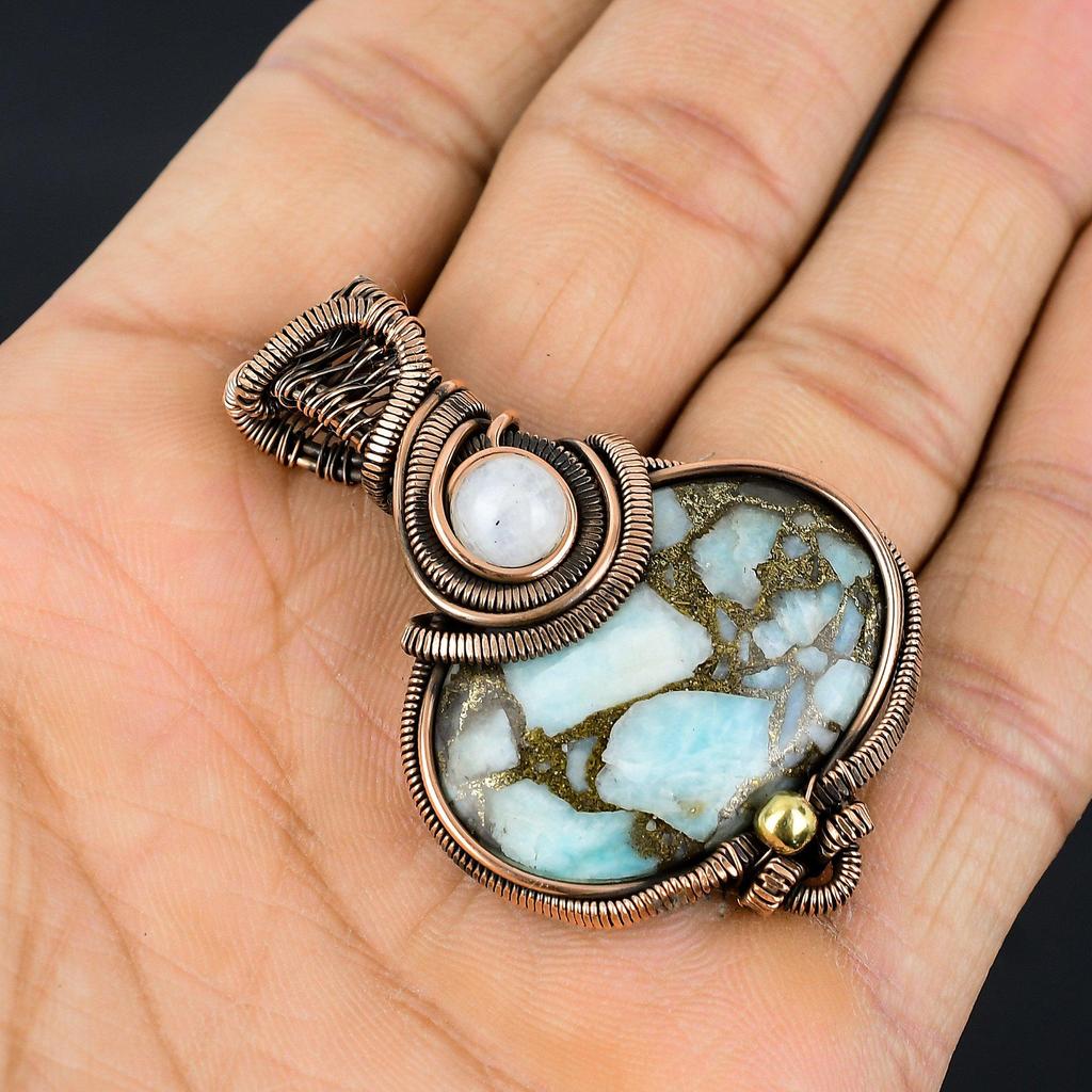 Copper Larimar Pendant Gemstone Handmade Jewelry, 999 Copper Wire Wrapped Pendant, Gift For Wife Jewelry