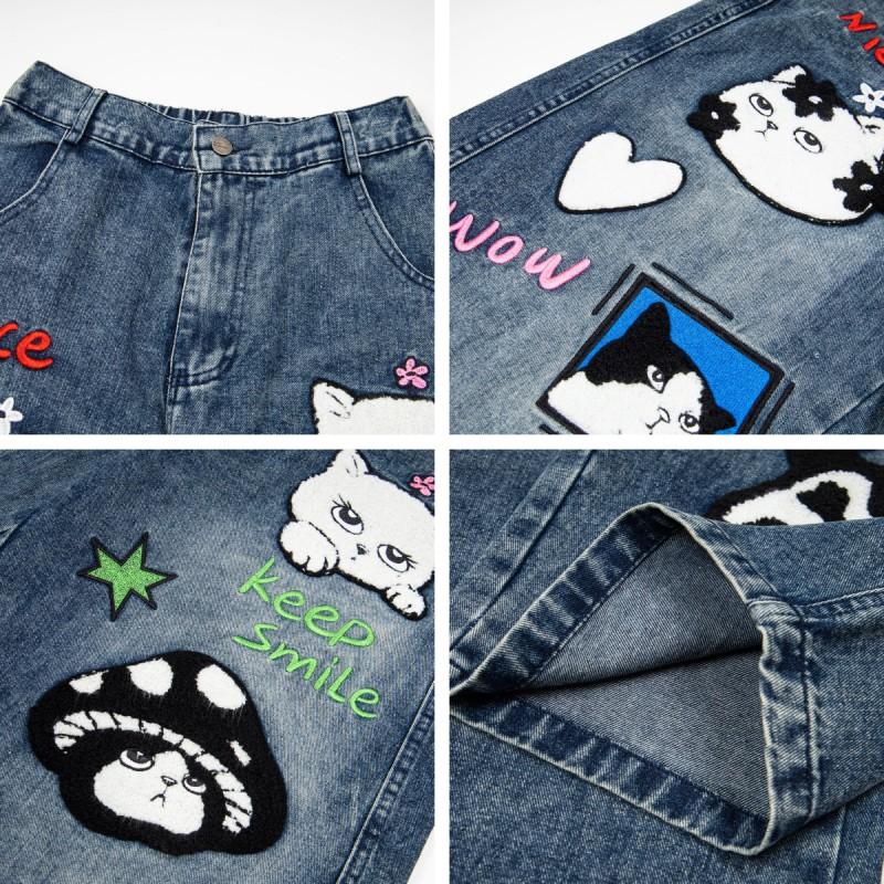 American Retro Cat Embroidery Jeans Men Loose Fit Washed Distressed Straight Leg Pants