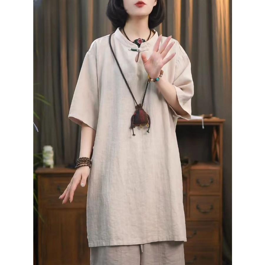 

Летняя простая художественная ретро-блуза с коротким рукавом, женская рубашка на пуговицах, длинный топ, хлопок, лен, свободные блузки 5XL бежевый