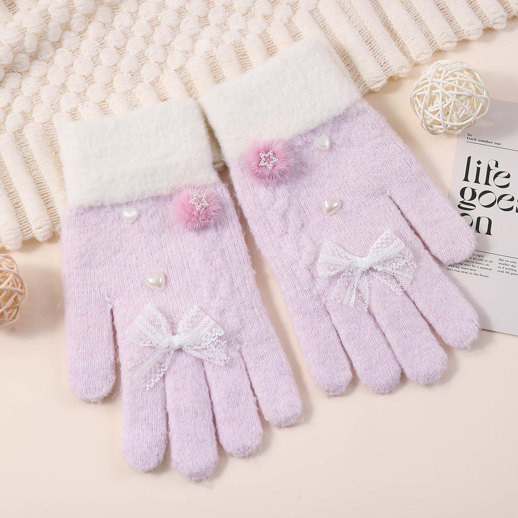 Autumn and Winter Cold and Warm Student Five-finger Gloves Velvet Bow Writing Girl High-value Touch Screen Adult Gloves