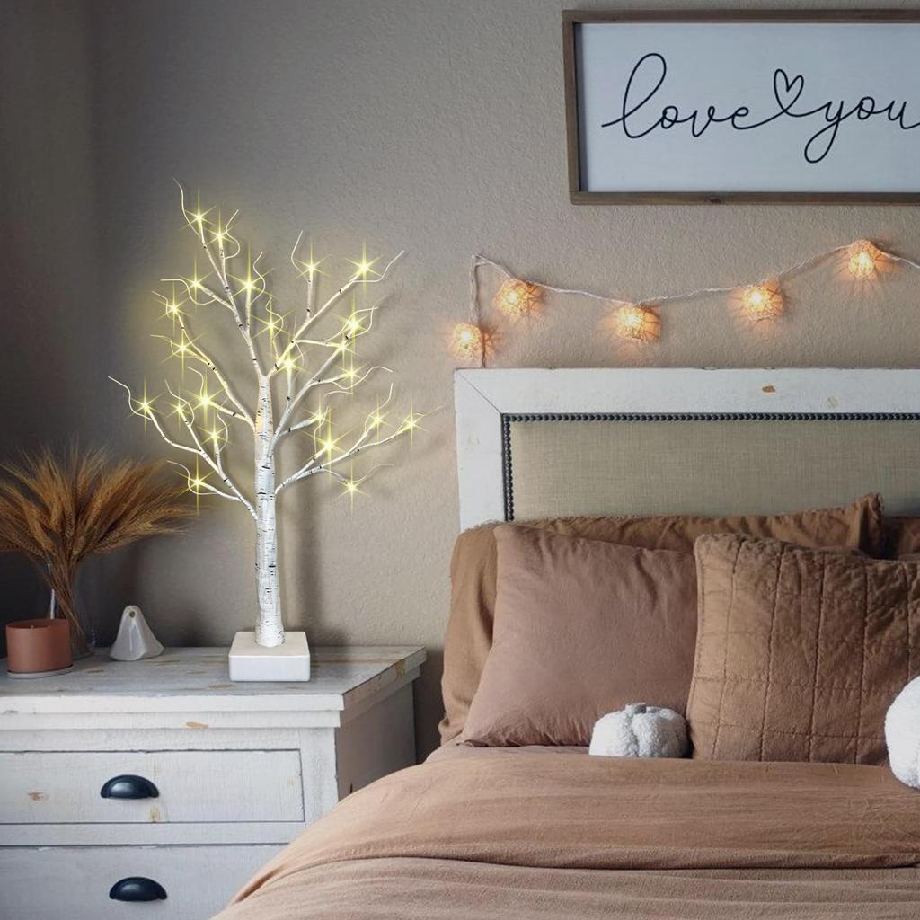 2-Pack Lighted Christmas Halloween Fall Tree Decorations Indoor, 2ft Birch Tree with LED Lights, Small Tabletop Christmas Tree with Lights, Warm