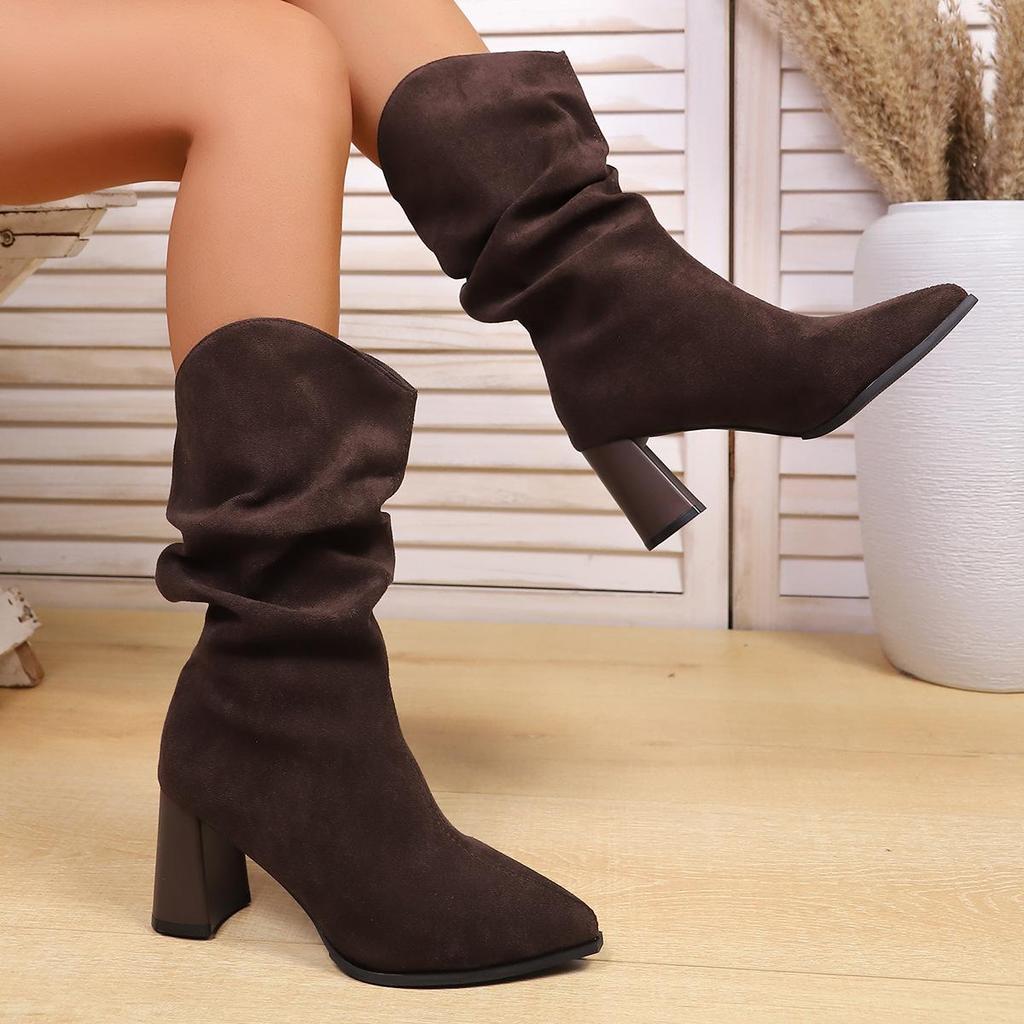 Vintage Pointed Toe High Heel Fashion Boots 2025 Winter New Plus-size Fleece Mid-top Boots for Women