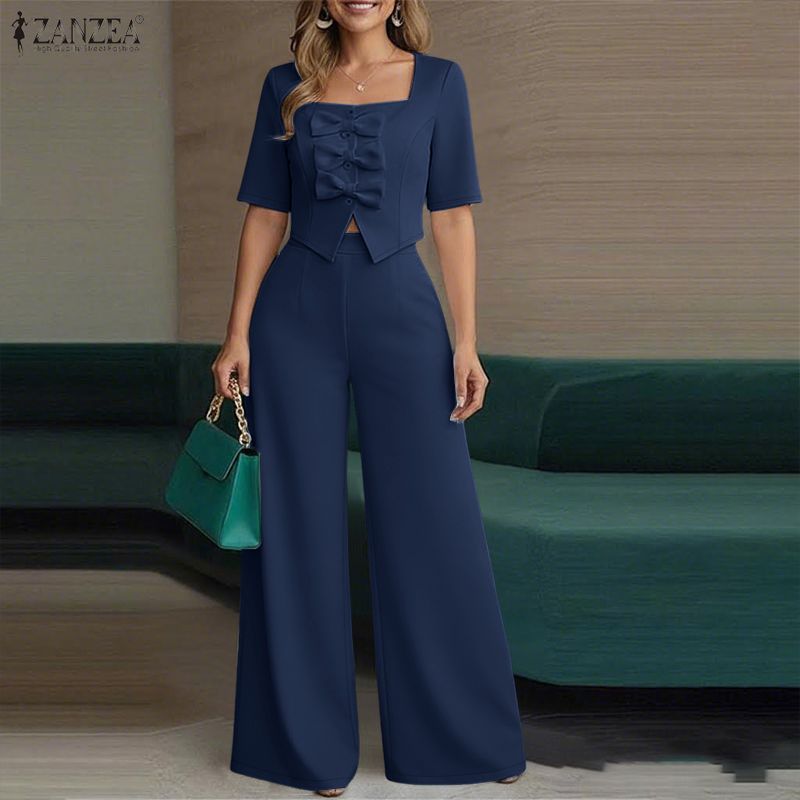 ZANZEA Women Short Sleeve Cropped Tops and Pants Summer Two Piece Suit Sets