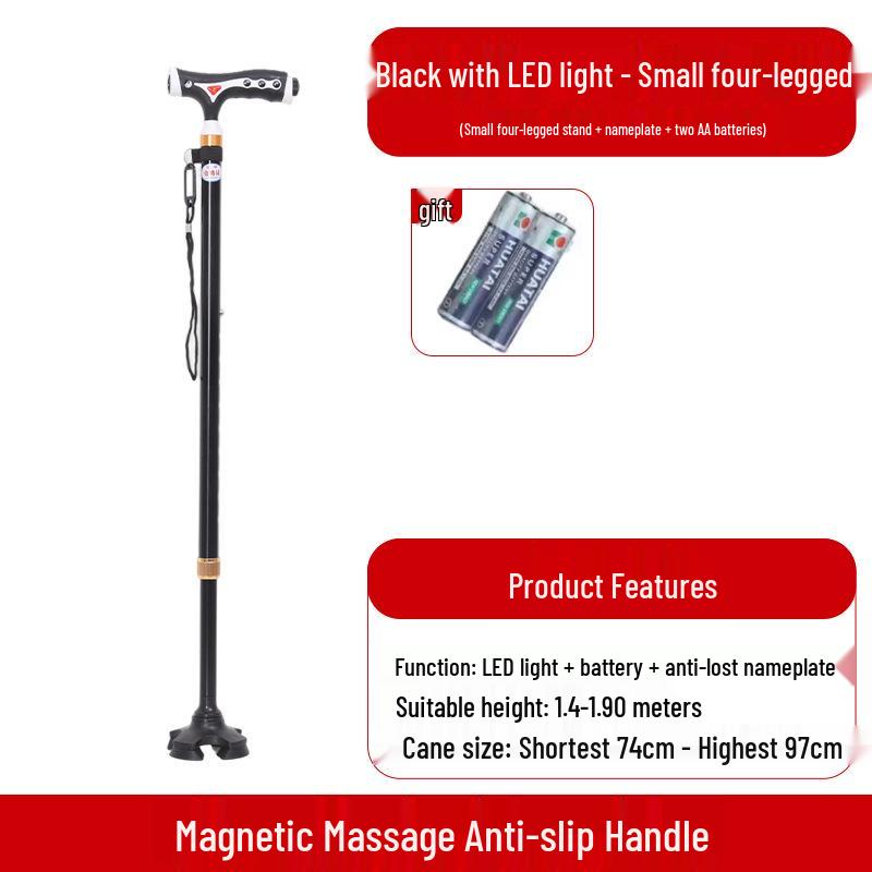 Yunxiang Verstellbare Vierfuß-Gehhilfe für Senioren - Rutschfest, Teleskop-Gehstock mit Licht, Aluminiumlegierung