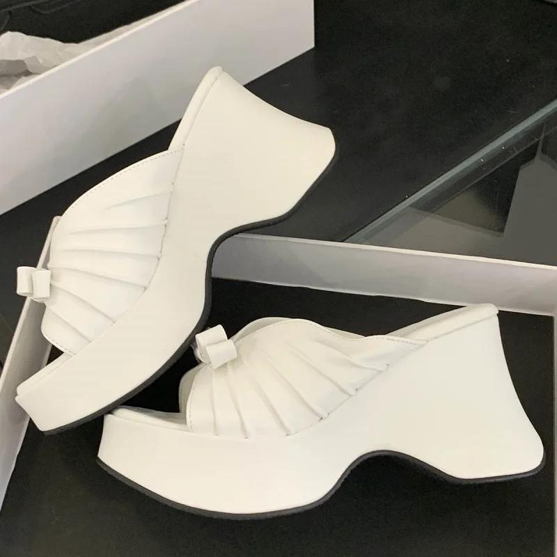 Eilyken Summer Fashion Platform Wedge Women Slippers Design Style Pleated Butterfly-knot Open Toe High Heels Party Shoes